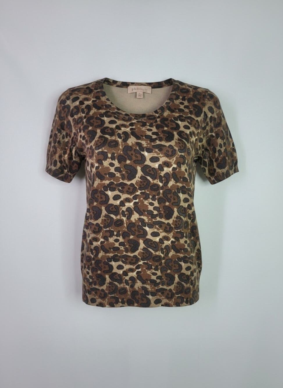 PHILOSOPHY Leopard Print Short Sleeve Sweater Size Small Rib-Knit Collar & Hem